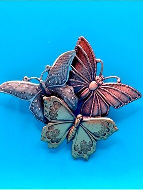 Vintage K&T Multi-Metal Textured Triple Butterfly Brooch
